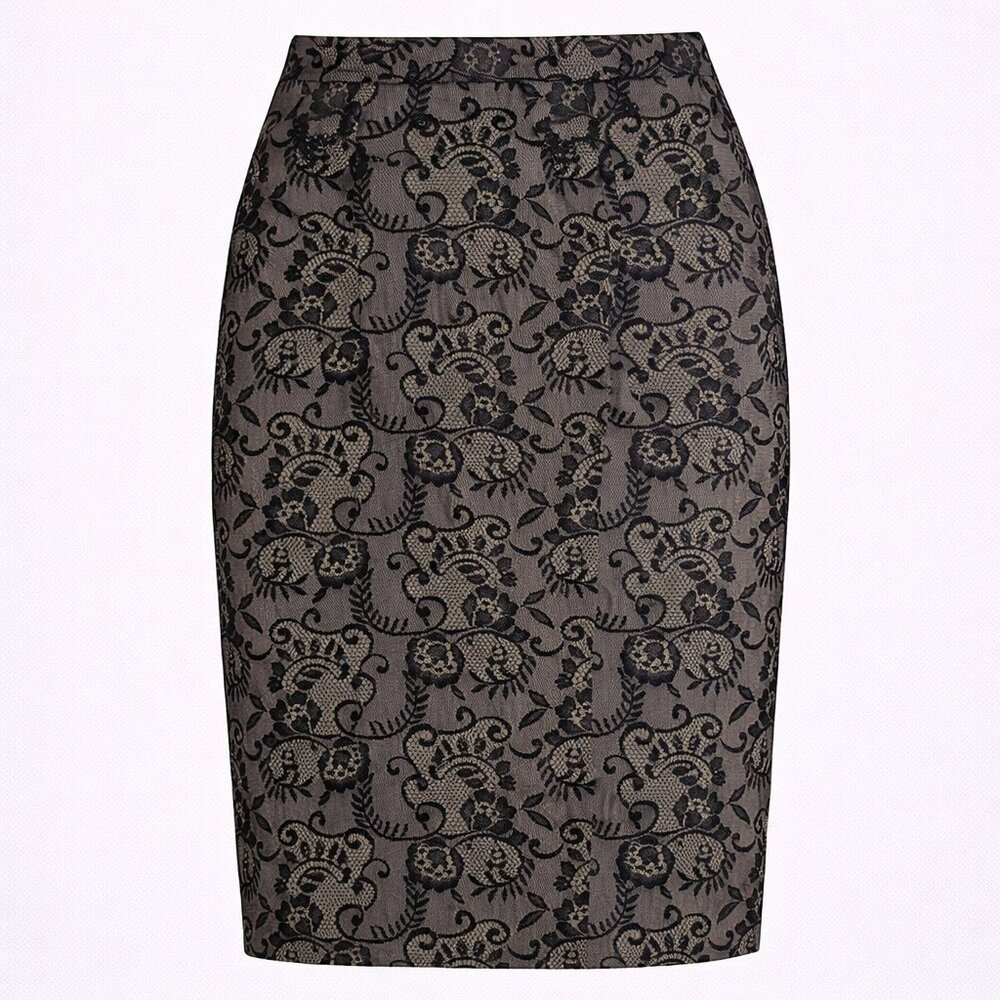 The Limited Black Floral Lace Pencil Skirt Tan Lining Knee‎ Length Size 2